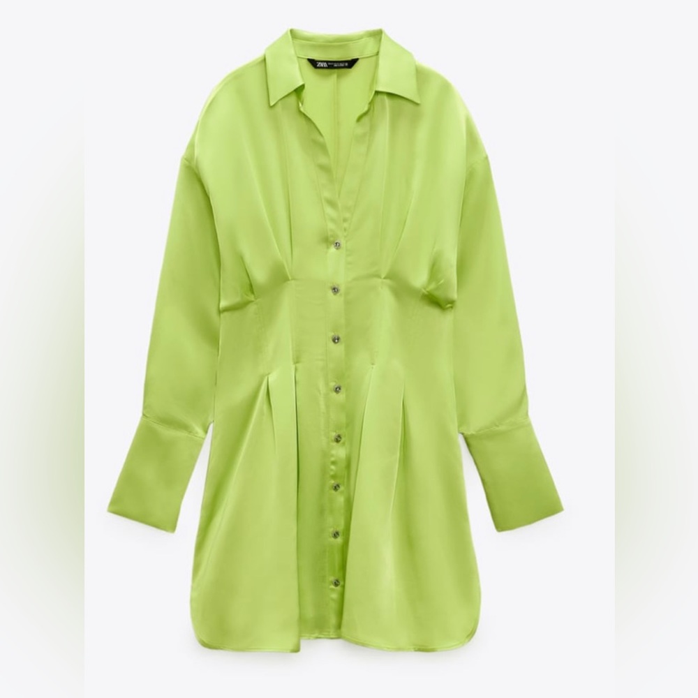Zara Satin Effect Shirt Dress in Lime Green